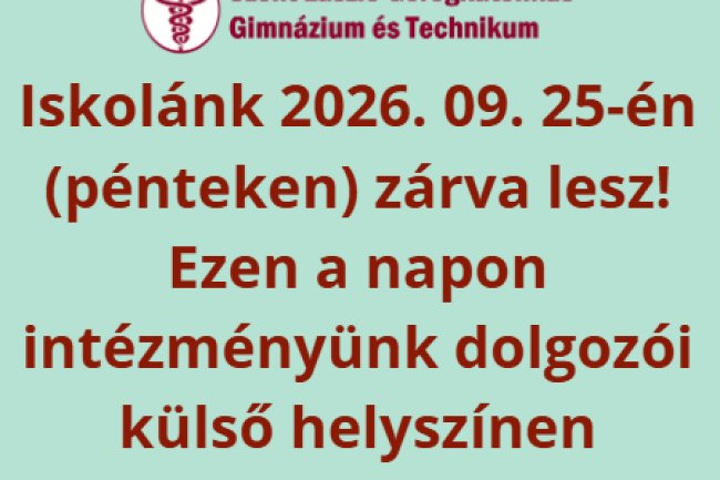 Iskolánk 2026. 09. 25-én zárva lesz!