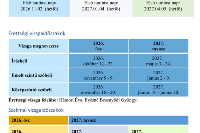 A 2026/2027. tanév rendje