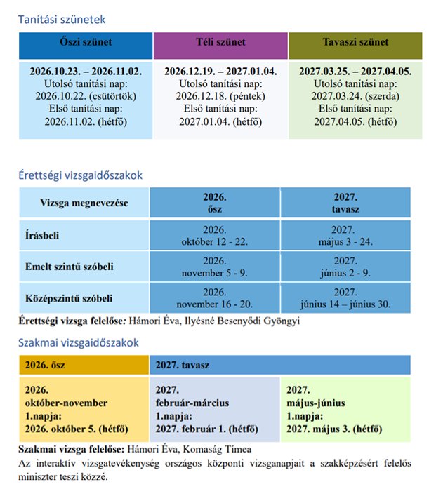 A 2026/2027. tanév rendje